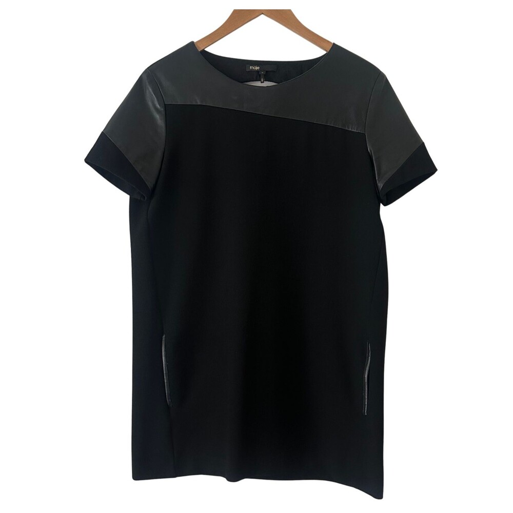 Maje Darette Black Shift Dress Leather Yoke Trim Women's Size 2